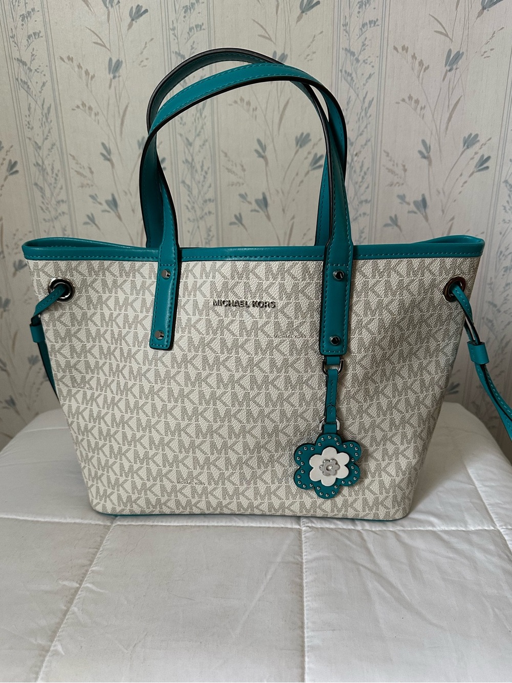 Michael Kors Monogram Tote with Teal Trim